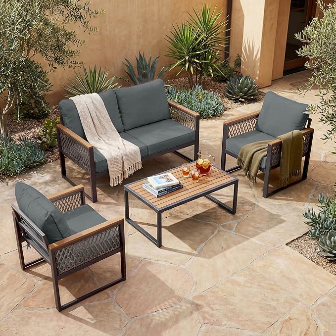 UPHA 4 Pieces Patio Furniture Set, Metal Outdoor Sectional Couch Set with Loveseat Sofa, 2 Chairs, Coffee Table, Modern Patio Conversation Set for Porch Balcony Deck, 4 Seats, Gray