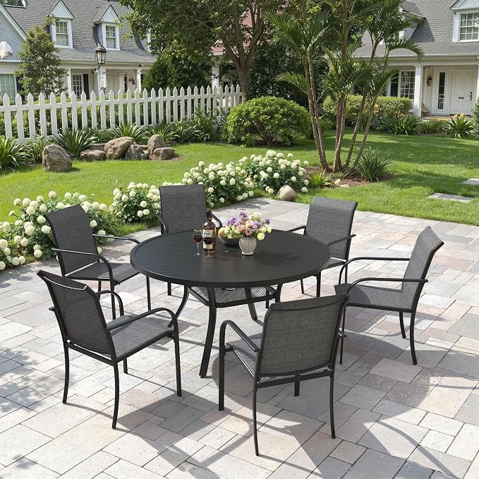 7 Pieces Patio Dining Set, 47" Round Dining Table with Umbrella Hole, 6 Stackable Textilene Fabric Chairs, Metal Structure for Patio, Porch, Garden(Black Table, Grey Chair)