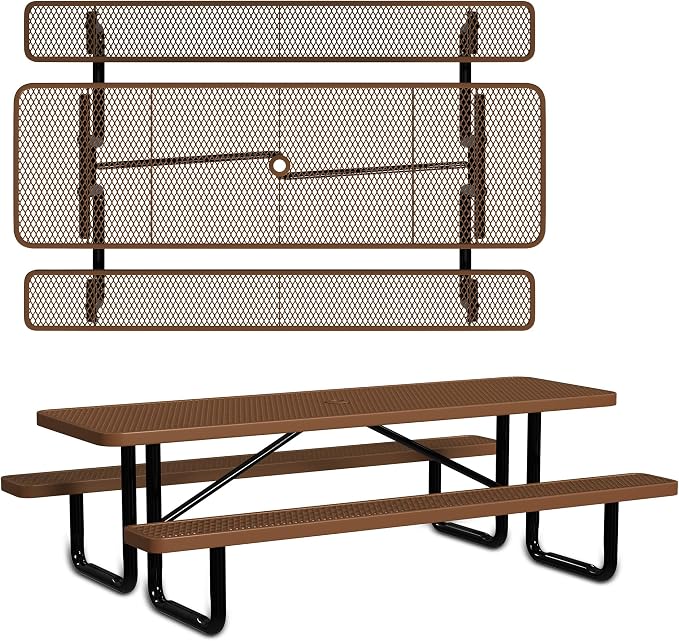 Leisure Craft Metal Picnic Table with Bench - 8 ft Rectangle Outdoor Dining Table for 8, Umbrella Hole, Weatherproof Heavy Duty Thermoplastic Coating, Commercial Grade Furniture Made in USA - Brown