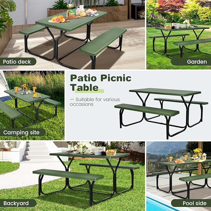 HAPPYGRILL Picnic Table Set Outdoor Patio Table Bench Set with Steel Frame & Plastic Table Top for Garden Lawn Backyard