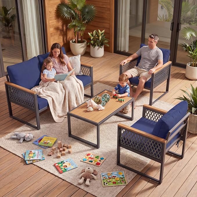 UPHA 4 Pieces Patio Furniture Set, Metal Outdoor Sectional Couch Set with Loveseat Sofa, 2 Chairs, Coffee Table, Modern Patio Conversation Set for Porch Balcony Deck, 4 Seats, Navy Blue