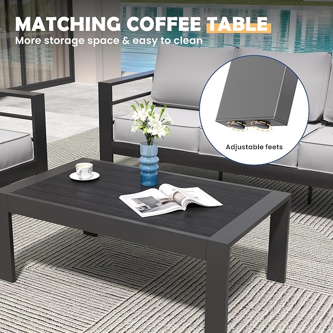 Amopatio Aluminum Patio Furniture Set, 6 Pieces Modern Patio Conversation Sets, Outdoor Sectional Metal Sofa with Coffee Table for Balcony, Garden (Included Waterproof Covers)