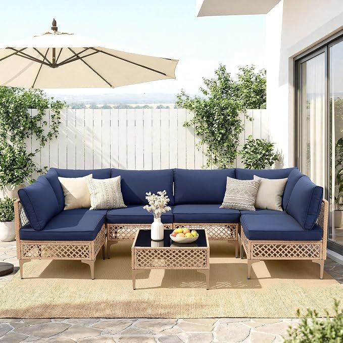FHFO 7 Piece Outdoor Wicker Patio Furniture Set, Yellow/Blue | Sectional Sofa | All-Weather Hand-Woven Rattan | Tempered Glass Coffee Table | Free Combination | Indoor & Outdoor Use
