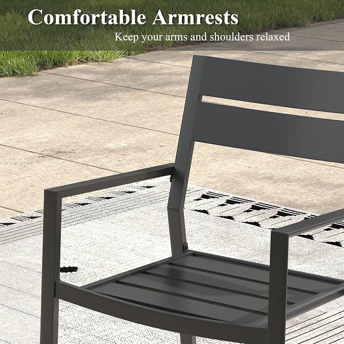 Patio Dining Set for 6, Round 47.3" Patio Dining Table and Stackable Outdoor Dining Chairs Outdoor Furniture for Backyard Porch Deck, Spliced Walnut Table and Black Chairs