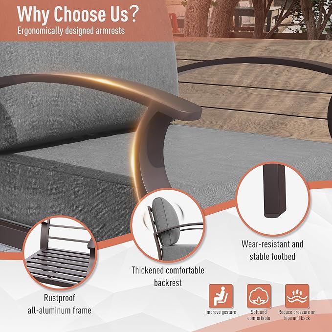 Kurapika Aluminum Patio Furniture Set 5-Seat Modern Metal Outdoor Conversation Sets w/45in Propane Fire Pit Table, Swivel Rocking Chairs Patio Sectional Sofa w/5.1 Inch Cushion, Grey