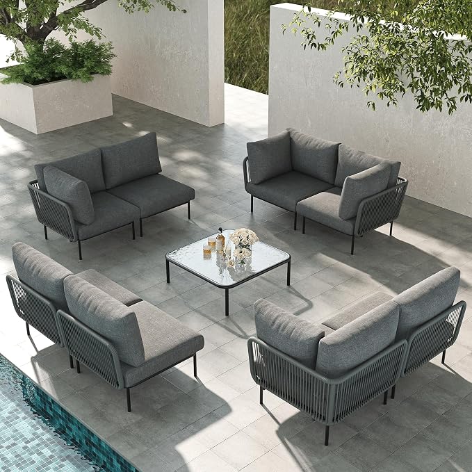 LayinSun 9 Pieces Aluminum Patio Furniture Set, Modern Modular Sectional Sofa with Coffee Table and Upgrade Thickness Cushion