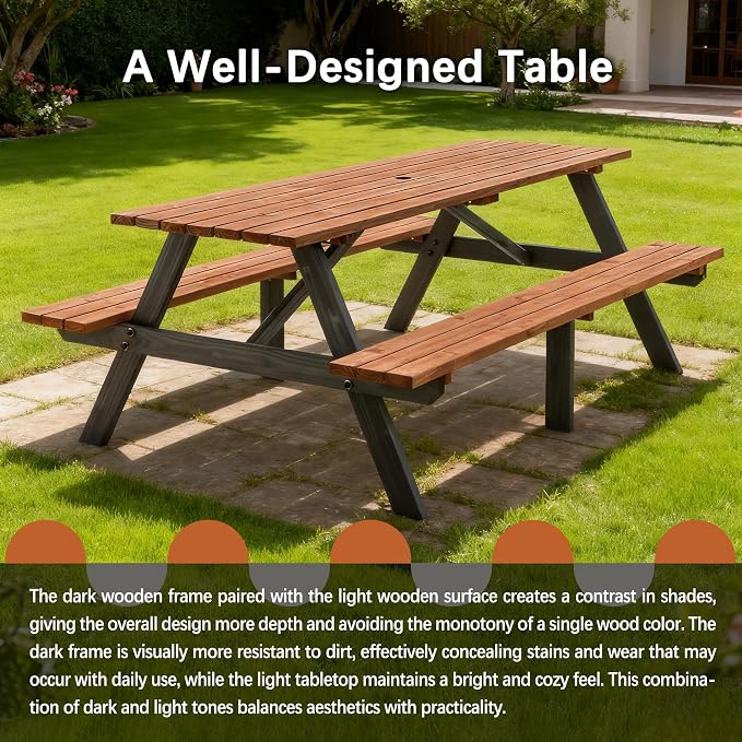 Brown 75" Rectangular Picnic Table for Outdoors,8 Person Wooden Picnic Tables,Outdoor Camping Dining Tables with 2 Seats DIY with 2 Built-in Benches for Garden Courtyard BBQ,2220lb Capacity