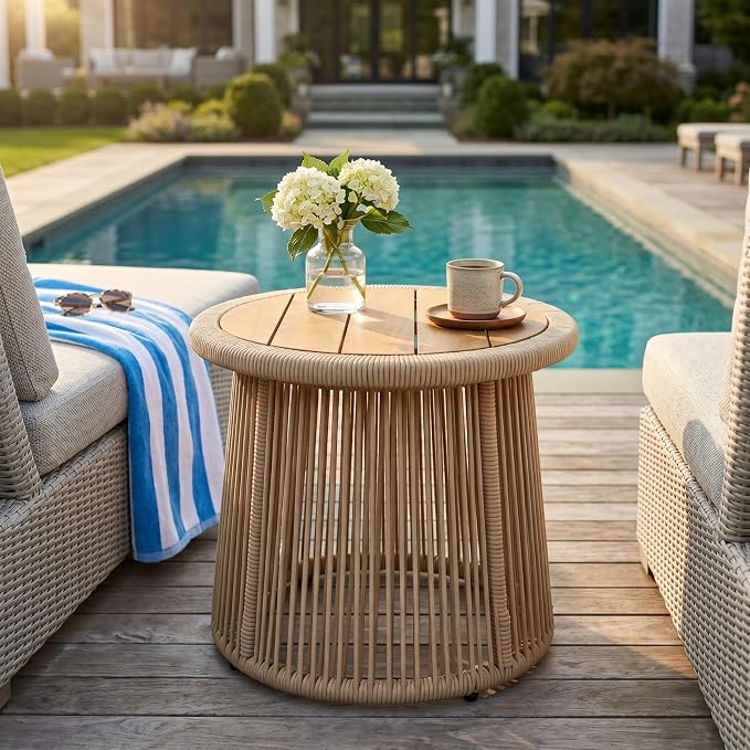 Conical Light Beige Rope Side Table, Teak Finish Acacia Wood Top, 150 lbs Capacity, No Assembly Required, Modern Open-Weave Round Accent Table for Patio Backyard Living Room