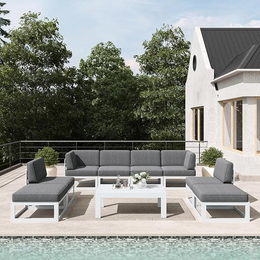 LayinSun 9 Pieces Modern Aluminum Patio Furniture Set with Coffee Table, Outdoor Modular Sectional Conversation Set L-Shaped Sofa for Backyard