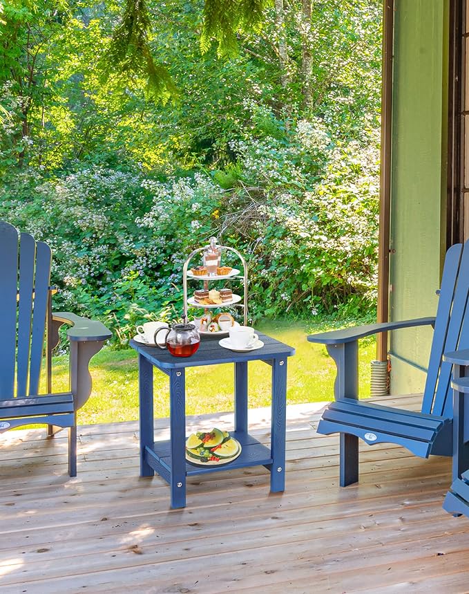 Tikea Adirondack Outdoor Side Table, 2-Tier 16.7" End Table for Patio Pool Porch, All Weather Resistant Outdoor Patio Furniture Navy Blue