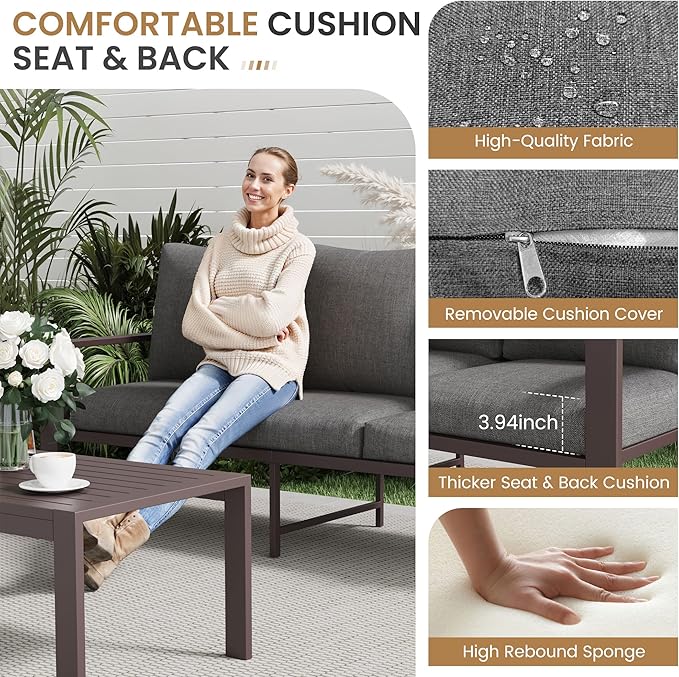 Aluminum Patio Furniture Set 5 Pieces Modern Patio Conversation Sets for Porch, Deck, Garden, 7-Seat Outdoor Furniture Metal Sofa Set with 4" Water-Resistant Cushion & Coffee Table,Gray