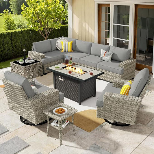 Weaxty 10 Pieces Outdoor Patio Furniture Set with Swivel Rocking Chair, Outdoor Sectional Sofa Couch Wicker Modular Patio Conversation Set w/42 Fire Pit and Coffee Side Table,Dark Gray