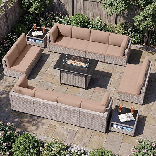 Patio Furniture Set, 15-Piece Outdoor Sectional Sofa with 60,000 BTU Fire Pit Table & 2-Layer Glass Coffee Table, Wicker Patio Conversation Set with Khaki Cushions