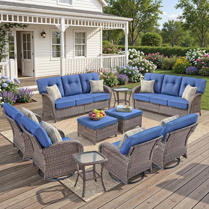 10-Piece Wicker Patio Furniture Set with 5-Inch Thick Cushions Weather Resistant Rattan High Back Swivel Rocker Chairs Senior Friendly Conversation Set for Small Porch Deck Sunroom Brown/Blue