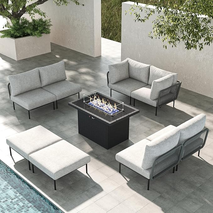LayinSun 9 Pieces Aluminum Patio Furniture Set, Modern Modular Sectional Sofa with Fire Pit Table and Upgrade Thickness Cushion