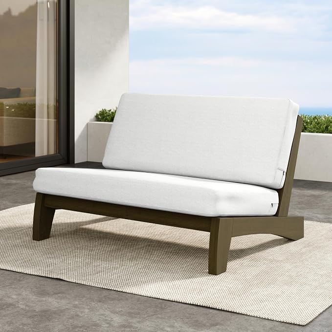 Outdoor Furniture Patio Couch, Weather Resistant Patio Loveseat Sofa Couch with Removable Cushion, Teak Wood Frame for Porch & Backyard Seating - Beige