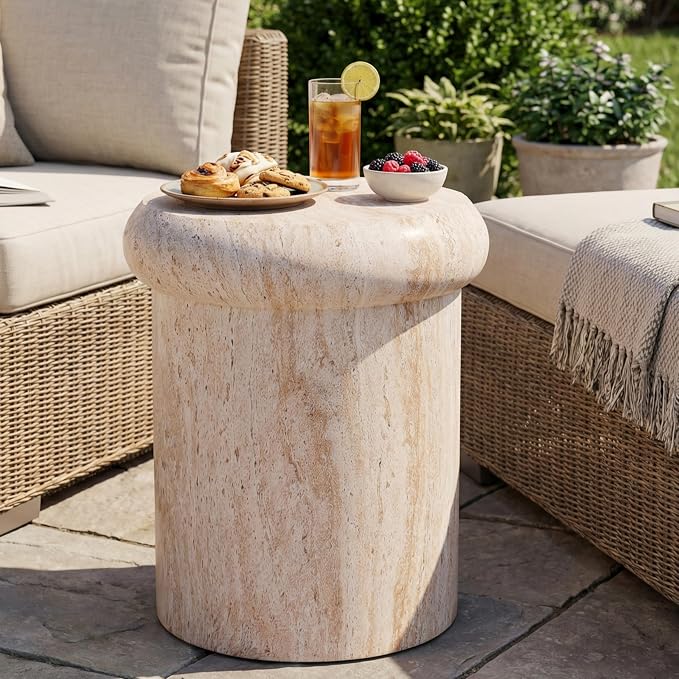 Merax 18.11" H Sculptural MGO Side Table, Modern Round End Table with Faux Marble&Travertine Finish, Indoor/Outdoor Versatile Pedestal Stool, Beige Marble