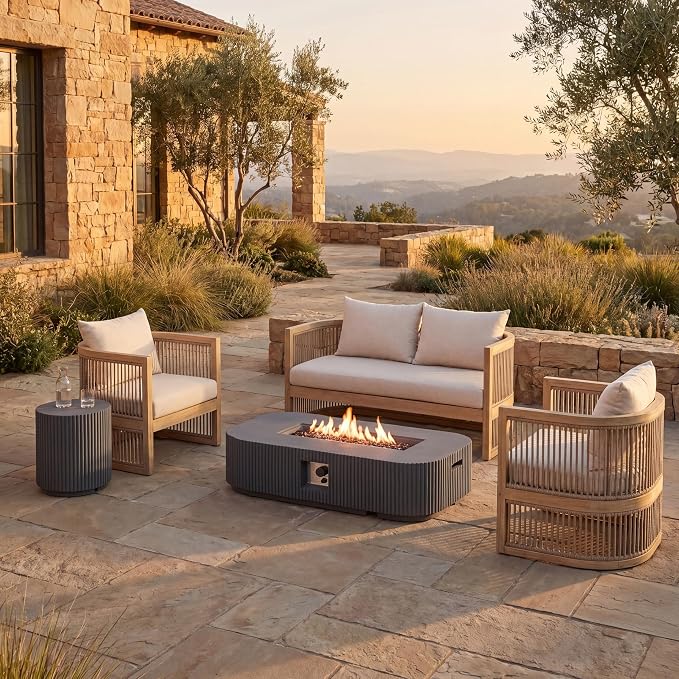 Christopher Knight Home Eden 5 Piece Patio Furniture Set with MGO Fire Pit + Tank Holder, 4-Seater Outdoor Acacia Wood Conversation Set with Cushions and Rectangular Fire Table, Light Teak+Beige+Gray