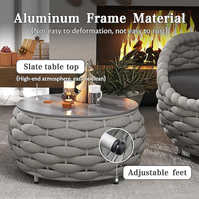 4-Piece Aluminum Wicker Patio Furniture Set, All Weather Rattan Conversation Sofa with Waterproof Cushion & Round Coffee Table, Indoor Balcony Backyard Sectional Couch, Dark Grey