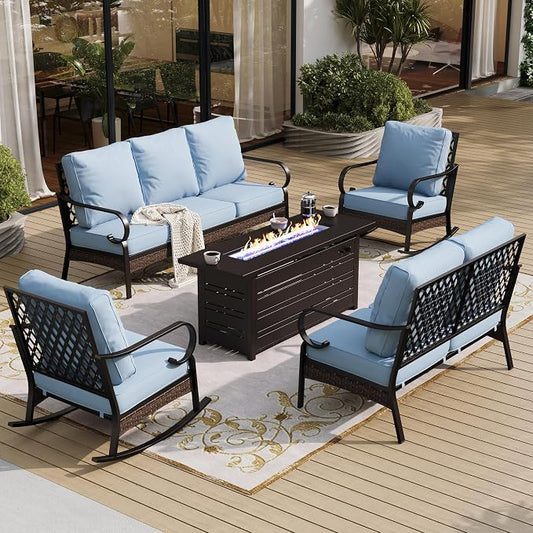 SUNSHINE VALLEY 5 Piece Metal Outdoor Patio Furniture Set with Firepit Table, Patio Conversation Set 1 3-Seater Sofa, 2-Seater Loveseat, 2 Rocking Chairs with 5.75" Cushion for Backyard Deck, Blue