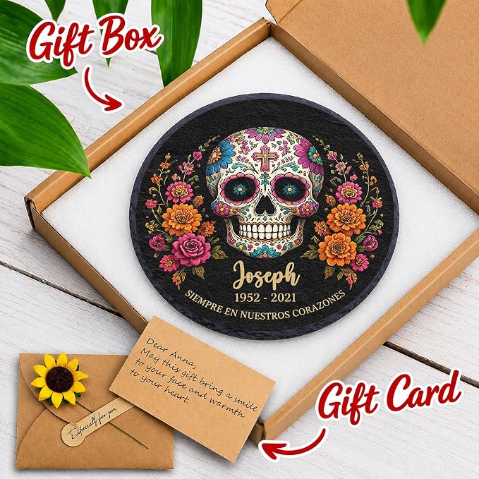 Personalized Sugar Skull Memorial Garden Stone, Dia de los Muertos Garden Stones for Loss of Loved Ones, Bereavement Sympathy Gift, Grieving Gifts, Weatherproof Outdoor Memorial Natural Stone