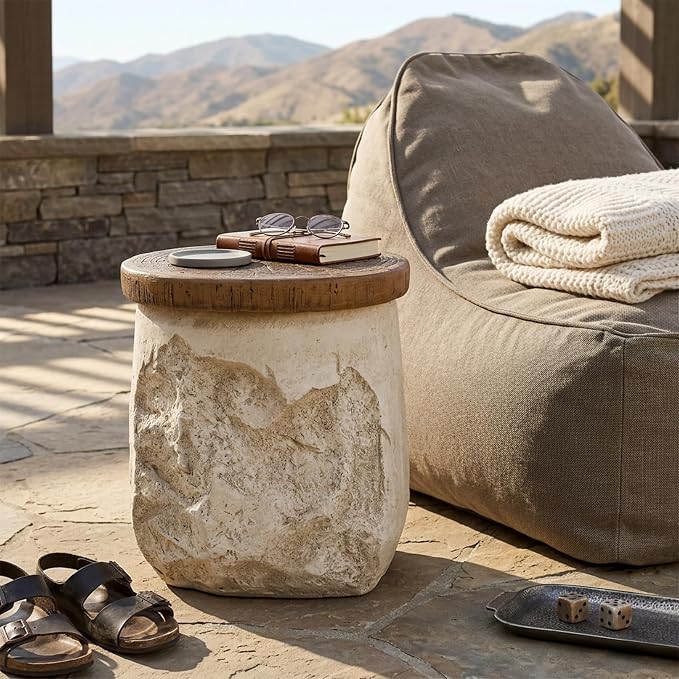 LUMISOL Outdoor Side Table, Modern Organic MGO Accent End Table for Patio, Living Room, Beige Tone-Effect Base with Faux Wood Grain Top