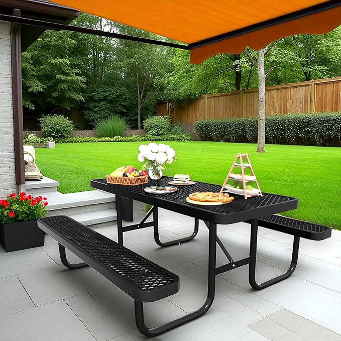 4FT & 6FT Outdoor Picnic Table, Rectangle Metal Picnic Table with Benches, Heavy-Duty Steel for Patio Garden Park Camping - Commercial & Residential Use, Weather Resistant, Easy Assembly (6FT)