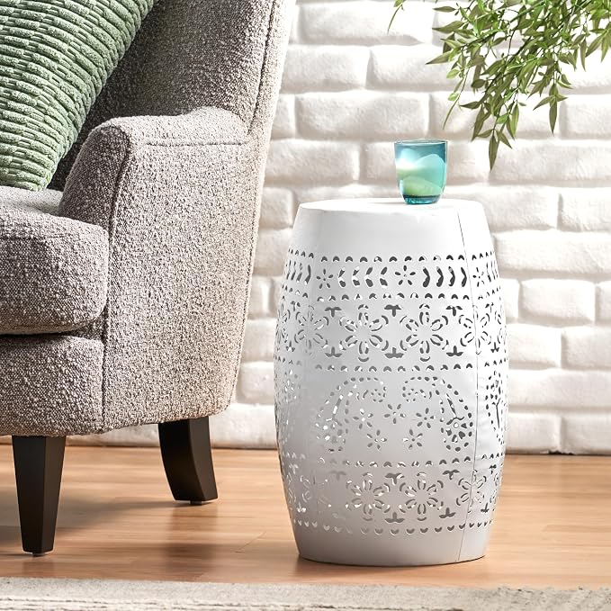 12" Outdoor Side Table, Metal Cutout Drum Side Table, Patio Garden Stool | Coffee End Tables for Small Spaces, Living Room, Backyard, Poolside