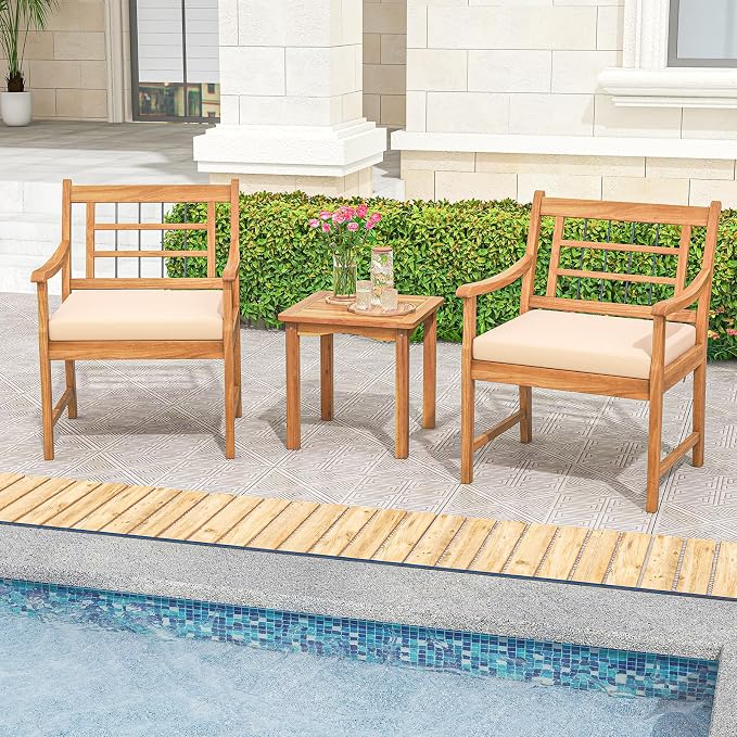 HAPPYGRILL 3 Piece Acacia Wood Patio Conversation Set, Outdoor Bistro Set with Cushions, Solid Wood Frame, 2 Armchairs & Coffee Table Set for Backyard, Porch, Poolside (Off White)