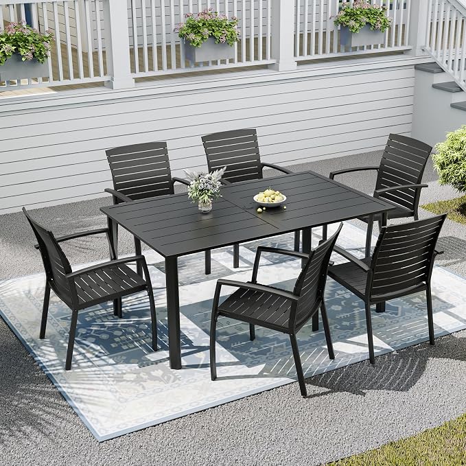 7-Piece Patio Furniture Set, 63" Patio Table and Aluminum Chairs | Rectangle Metal Outdoor Dining Table, 1.6" & 1.9" Umbrella Hole, Aluminum Frame Patio Chair, Resin Seat and Backrest
