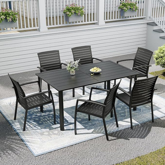 7-Piece Patio Furniture Set, 63" Patio Table and Aluminum Chairs | Rectangle Metal Outdoor Dining Table, 1.6" & 1.9" Umbrella Hole, Aluminum Frame Patio Chair, Resin Seat and Backrest