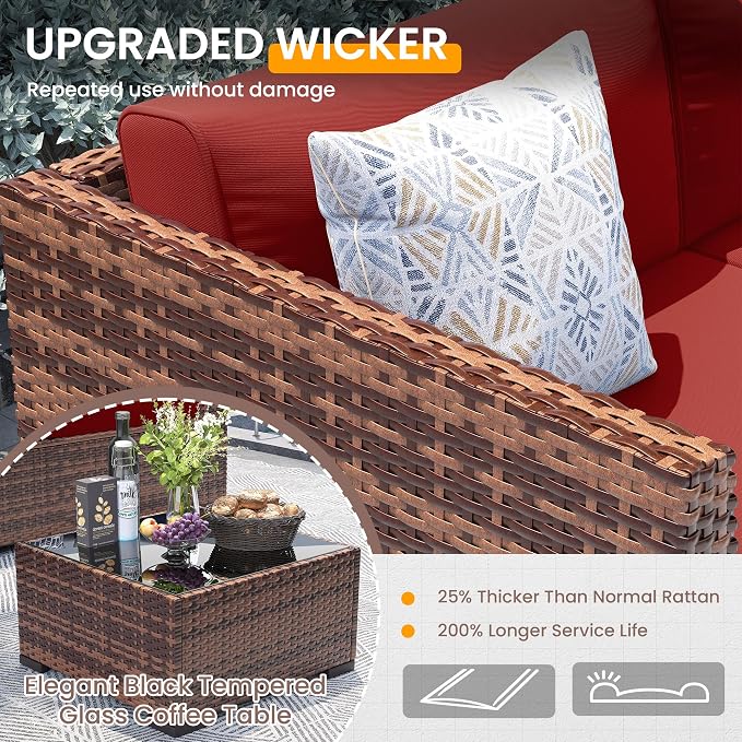 UDPATIO Patio Furniture Set with 44'' Fire Pit Table, 8 PCS Outdoor Sectional Furniture Sets, Slanted Back Outdoor Conversation Set PE Rattan Sofa for Porch W/Coffee Table,Red