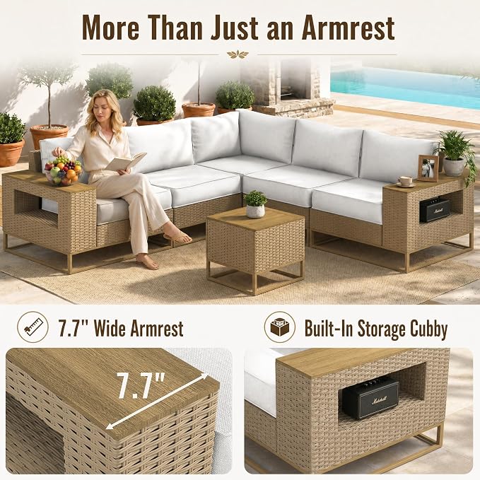 12-Piece Outdoor Patio Furniture Set, Modern PE Wicker Outdoor Sectional Sofa with Storage Armrests & 5.5" Thick Cushions, L-Shaped Couch for Deck, Porch, Backyard, Ivory White