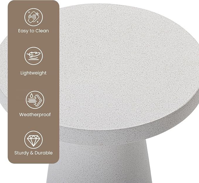 HOMPUS Outdoor Side Table Large, Concrete Side Table Faux Stone Cone Shaped, Patio Round Accent Table, Lightweight MgO Tall Coffee Table Garden Tool for Home Decor, Porch and Deck, Spotted White