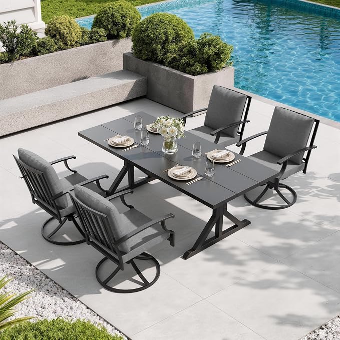 5 Pieces Patio Dining Set Outdoor Conversation Set,Metal Outdoor Furniture Set with Umbrella Hole Cut-Out 78.7" x 35.4" Table and 4 Metal Backrest Swivel Chairs for Backyard,Garden,Grey