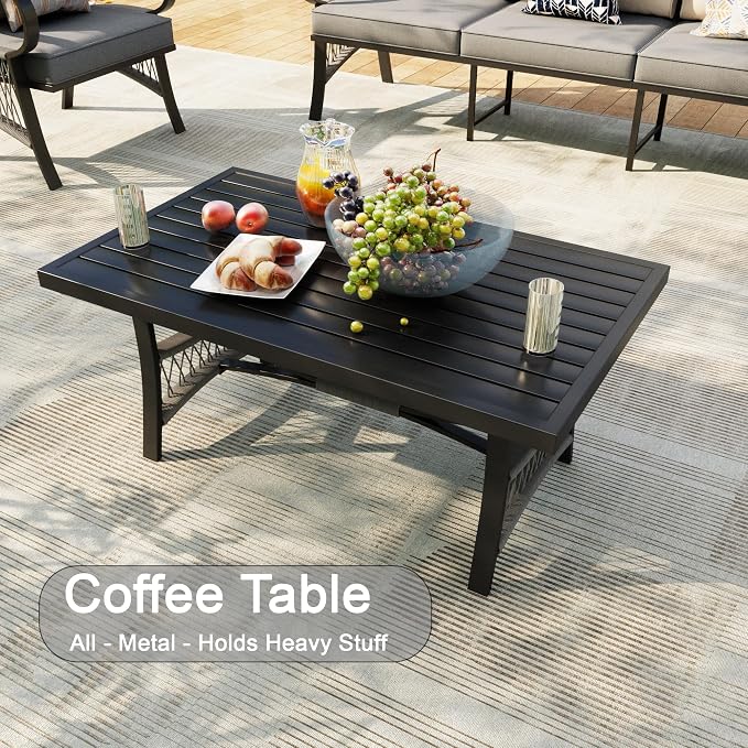 6 Pieces Patio Conversation Sets, All Weather Metal Outdoor Furniture Set 3-Seater 2 Single Chairs 1 Loveseat with Coffee Table and Fire Pit Table for Backyard Garden Deck Porch Poolside, Gray
