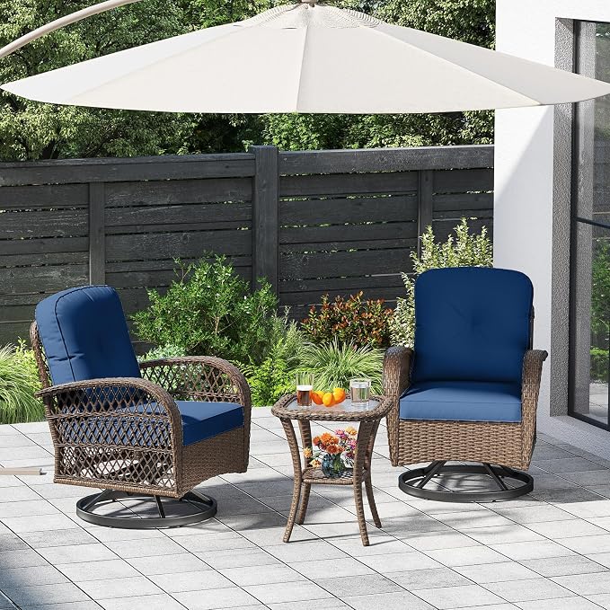 HAPPYGRILL 3 Pieces Outdoor Rattan Swivel Rocker Chairs Set with Tempered Glass Side Table, Outside Sectional Patio Conversation Furniture Set with Swivel Rocking Chairs for Deck Porch Garden (Navy)