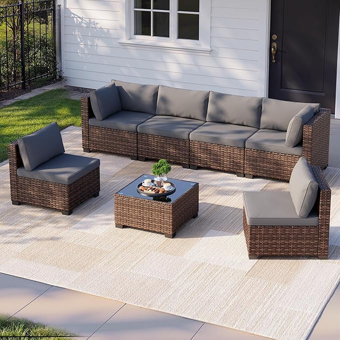Qsun 7 Pieces Patio Furniture Set, Outdoor Sectional Rattan Sofa Set, Wicker Patio Conversation Set with Cushions and Glass Coffee Table, for Balcony, Porch, Garden, Grey