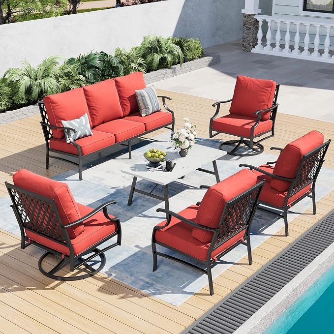 SUNSHINE VALLEY 6 Piece Metal Outdoor Patio Furniture Set, Patio Conversation Sets 1 3-Seater Sofa, 2 Swivel Chair, 2 Leg Chair with 5.75" Thick Cushion and Coffee Table, Backyard Furniture Set, Red