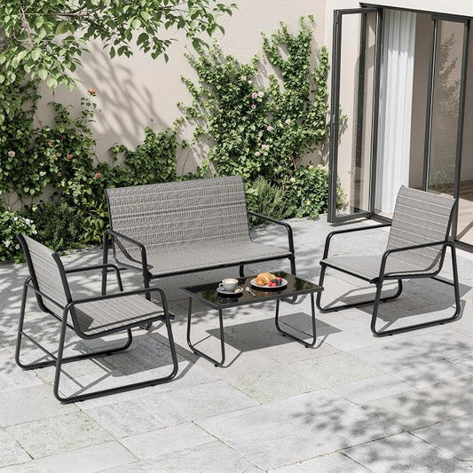 Kullavik 4-Piece Outdoor Patio Furniture Set,Textilene Patio Conversation Set with Loveseat,2 Single Chairs,Glass Coffee Table for Garden,Lawn,Balcony,Poolside,Brown