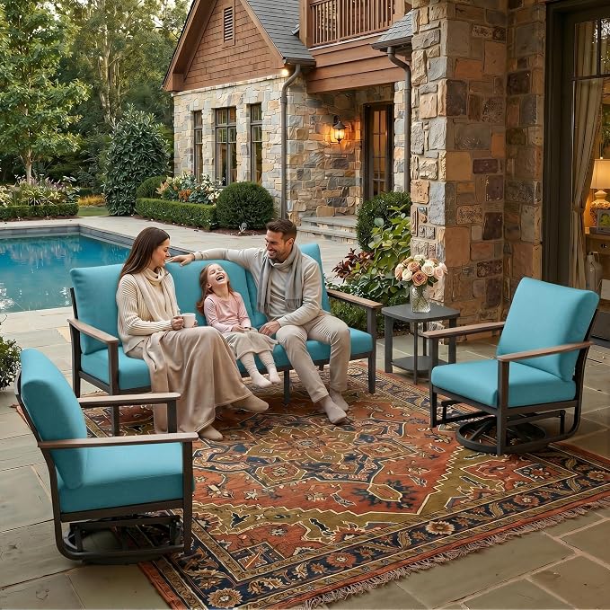 Aluminum Outdoor Patio Furniture Set, 4-Piece Outdoor Sofa with 5.1" Thick Cushions, 2 Swivel Rocking Chairs and 1 Side Table, Outdoor Couch for Backyard, Balcony, Blue