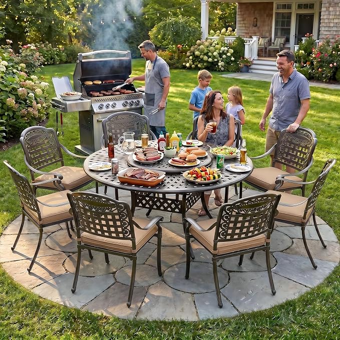 MEETWARM 9-Piece Outdoor Dining Set, All Weather Cast Aluminum Patio Table and Chairs Set with 8 Cushioned Chairs, 61" Round Patio Dining Table with Detachable Lazy Susan, 2" Umbrella Hole,Dark Bronze
