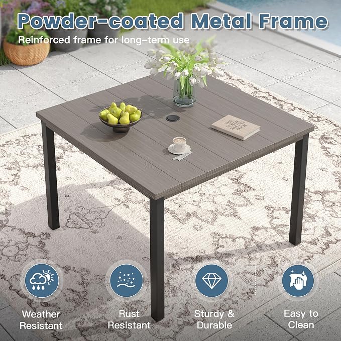 DIFY Patio Table and Chairs Set for 4, 5 Piece Outdoor Dining Set, 40.2" Grey Wood-Like Square Metal Dining Table with Umbrella Hole and 4 Sandshell Textilene Swivel Patio Chairs, for Garden Backyard
