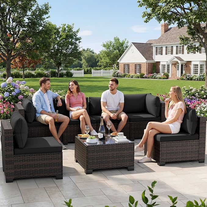 CHABATREE 7-Piece Outdoor Patio Furniture Sets, Manual Weaving Rattan Conversation Sectional Sofa with Tempered Glass Coffee Table, All-Weather PE Wicker & Thick Cushions for Garden, Backyard, Porch