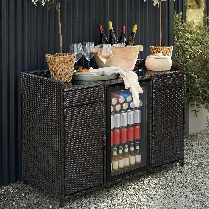 RUNNA 53.5" W Outdoor Wicker Storage Cabinet with Fridge Space,Weatherproof Outdoor Mini Fridge Bar Cabinet with Adjustable Shelves & Drawers for Pool Towel Storage,Garden,Kitchen (Black+Brown#64)