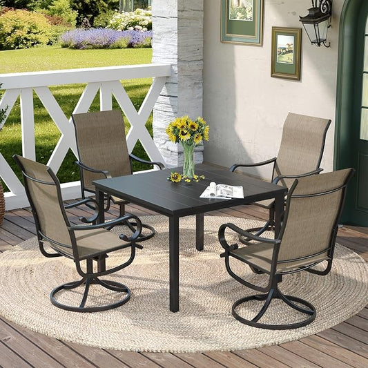 DIFY 5 Pieces Patio Dining Set, 40.2" Black Square Dining Table with Umbrella Hole and 4 Black Swivel Patio Chairs, All Weather Metal Outdoor Dining Furniture Set for Lawn Garden Balcony