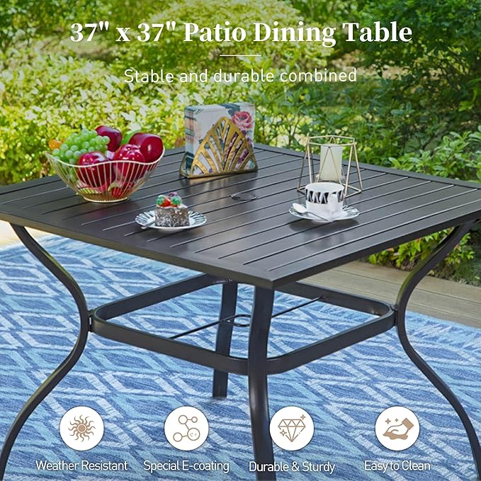 SUNSHINE VALLEY 37" Patio Dining Table for 4, Square Patio Table with Umbrella Hole,E-Coating and Powder Coating Steel Frame Metal Outdoor Patio Table for Garden Backyard Lawn Yard