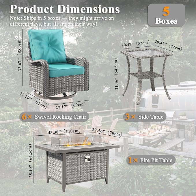 10 Piece Wicker Patio Furniture Set with 55,000 BTU Fire Pit Table, Swivel Rocking Chairs, 4''Cushions, PE Rattan, Wind Guard Glass, for Backyard, Deck or Balcony, Blue