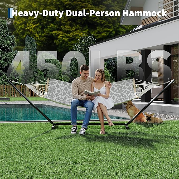 Double Hammocks with Stand for Outside, Heavy Duty Portable Outdoor Hammock with Carrying Bag & Soft Pillow & Paded, 450 LBS Weight Capacity, Perfect for Outdoor Indoor Patio Backyard Garden