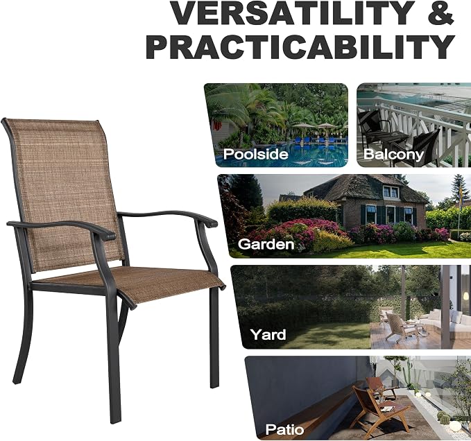 NUU GARDEN 5-Piece Patio Dining Set with Umbrella Hole Includes Slatted Square Table and 4 Ergonomic Textilene Chairs All-Weather Furniture for Garden Backyard Deck Poolside Black Brown